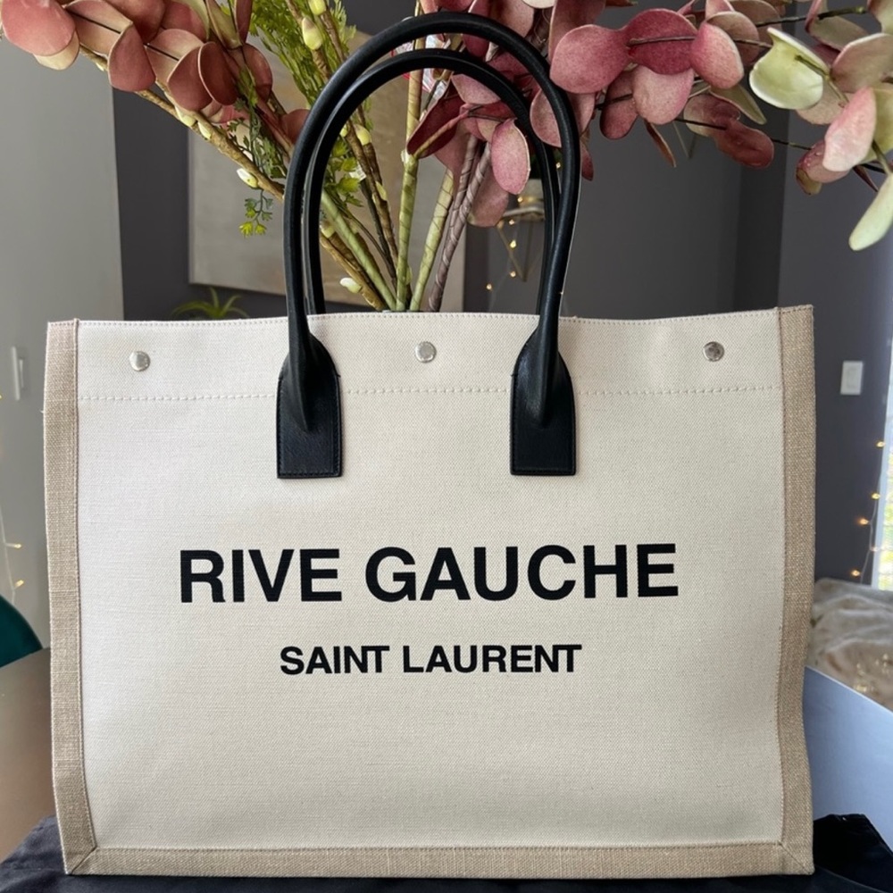 Saint Laurent Rive Gauche Beige Canvas Tote with Black Handles and Logo